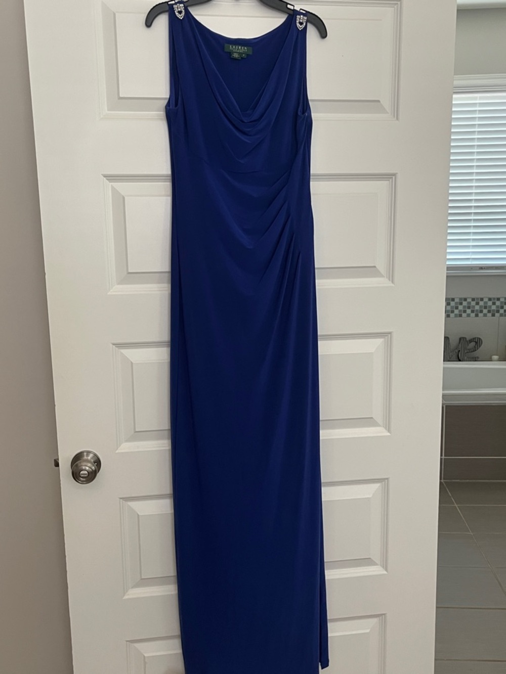 Lauren Ralph Lauren Cowl-Neck Maxi Gown in Royal Blue with Embellished Shoulders